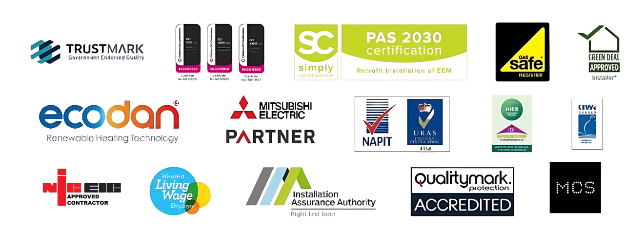 Industry accreditations including TrustMark, MCS, NICEIC, NAPIT, Gas Safe, Green Deal, PAS 2030, Mitsubishi Electric Partner, Ecodan, HIES, CIWA, Quality Mark Protection, Installation Assurance Authority and Living Wage Employer